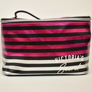 Victoria Secret Pink and Black Striped Square Zip Top Makeup Storage Travel Case